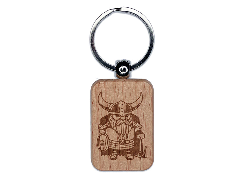 Stout Bearded Viking with Horned Helmet Engraved Wood Rectangle Keychain Tag Charm