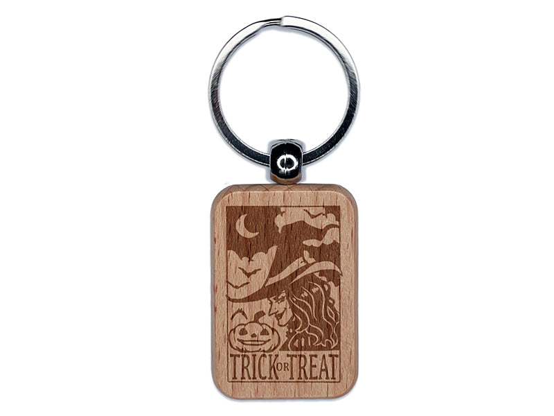 Trick or Treat Witch with Bats and Jack o Lantern Pumpkin Engraved Wood Rectangle Keychain Tag Charm
