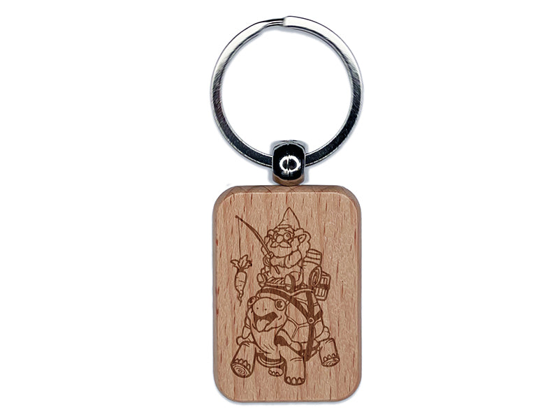 Wise Garden Gnome Riding Turtle with Carrot on a Stick Engraved Wood Rectangle Keychain Tag Charm