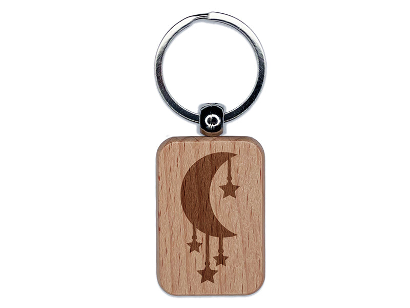 Moon with Hanging Stars Engraved Wood Rectangle Keychain Tag Charm
