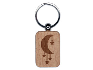 Moon with Hanging Stars Engraved Wood Rectangle Keychain Tag Charm