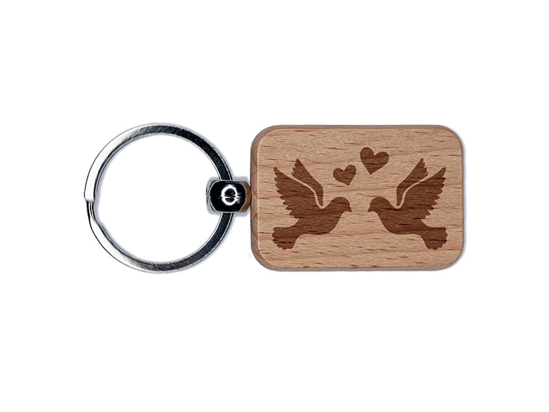 Two Love Doves Wedding Hearts Birds Engraved Wood Rectangle Keychain Tag Charm