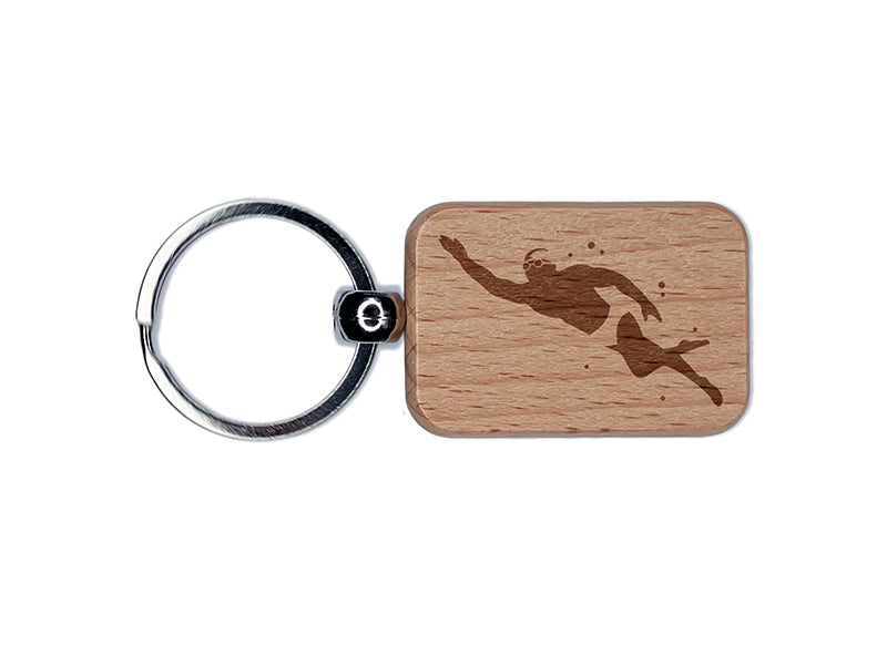 Swimmer Man Freestyle Swimming Diving Cap Goggles Engraved Wood Rectangle Keychain Tag Charm