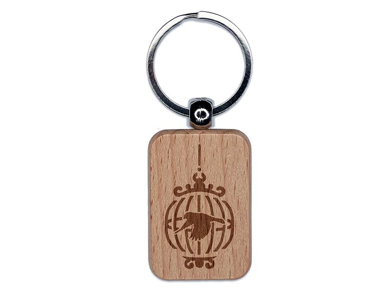 Finch in a Bird Cage Engraved Wood Rectangle Keychain Tag Charm