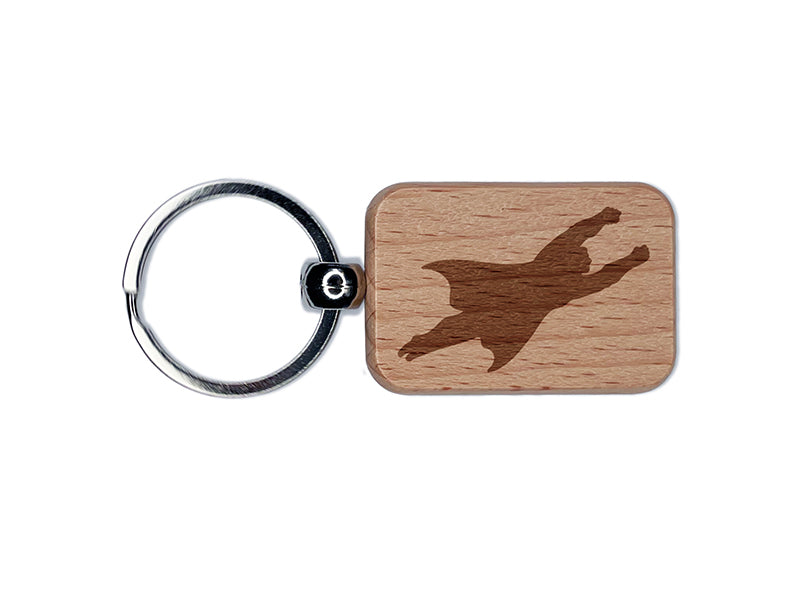 Super Hero Man Flying with Arms Out Engraved Wood Rectangle Keychain Tag Charm