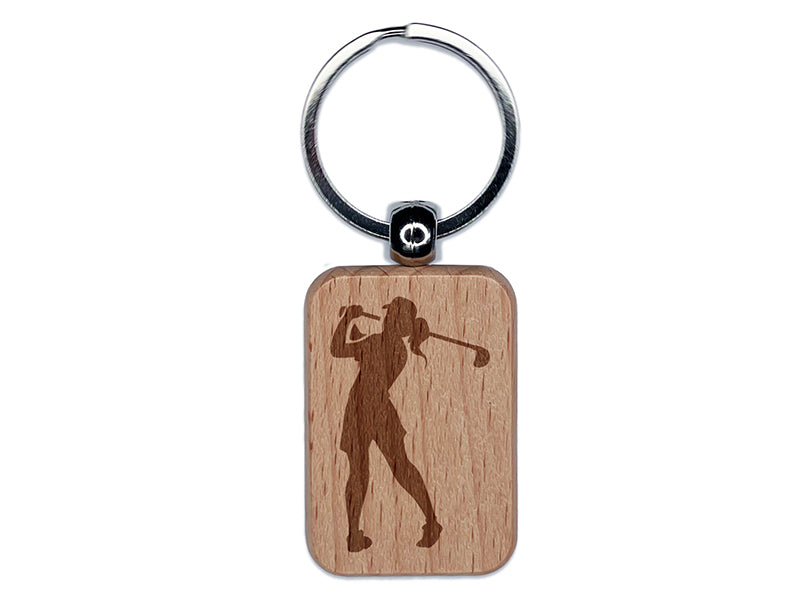 Woman Swinging Golf Club Engraved Wood Rectangle Keychain Tag Charm