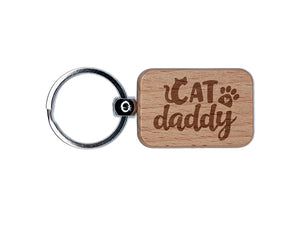 Cat Daddy Paw Print Engraved Wood Rectangle Keychain Tag Charm