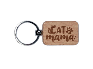 Cat Mama Mom Paw Print Engraved Wood Rectangle Keychain Tag Charm
