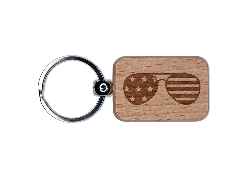 Patriotic Aviator Sunglasses American Flag Engraved Wood Rectangle Keychain Tag Charm