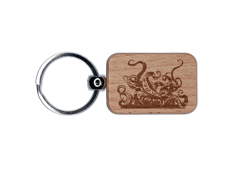 Octopus Squid Tentacles Arms Suction Cups Sea Monster Engraved Wood Rectangle Keychain Tag Charm