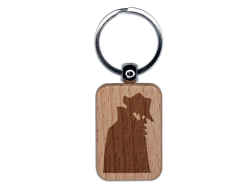Spy Noir Espionage Trench Coat and Hat Engraved Wood Rectangle Keychain Tag Charm