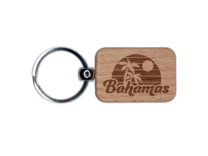 Bahamas Destination Tropical Sunset with Palm Trees Engraved Wood Rectangle Keychain Tag Charm