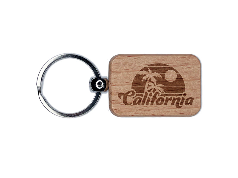 California Destination Tropical Sunset with Palm Trees Engraved Wood Rectangle Keychain Tag Charm