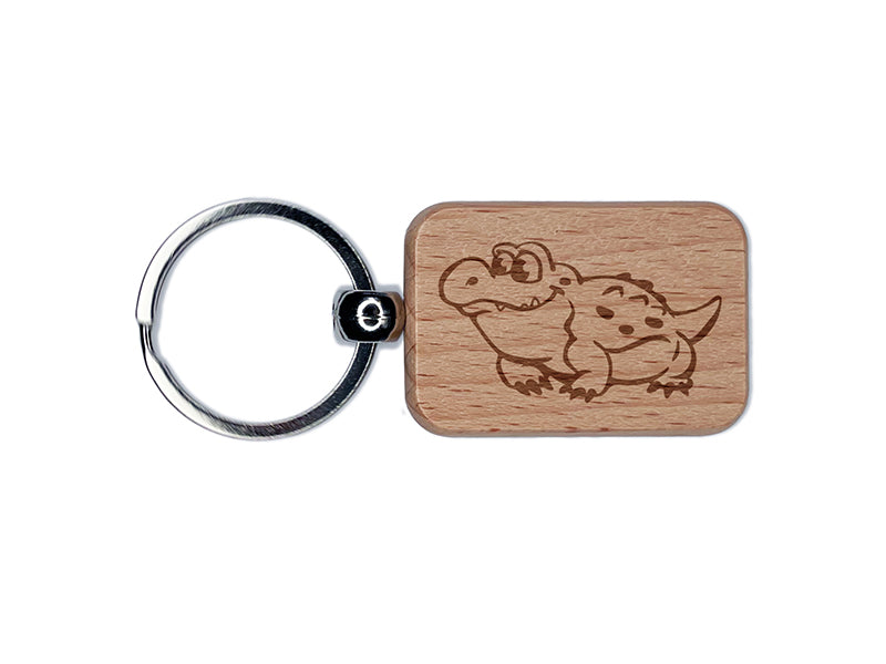 Chubby Little Cartoon Alligator Crocodile Engraved Wood Rectangle Keychain Tag Charm