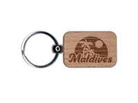 Maldives Destination Tropical Sunset with Palm Trees Engraved Wood Rectangle Keychain Tag Charm