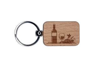 Wine Bottle with Glass and Grapes Engraved Wood Rectangle Keychain Tag Charm