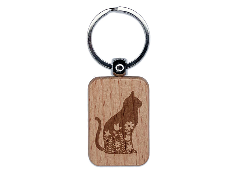 Floral Cat Engraved Wood Rectangle Keychain Tag Charm