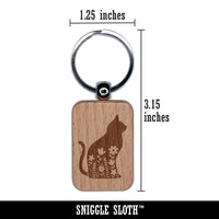 Floral Cat Engraved Wood Rectangle Keychain Tag Charm