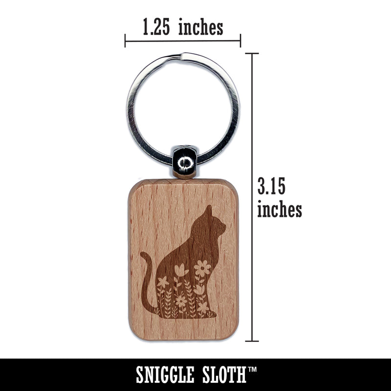 Floral Cat Engraved Wood Rectangle Keychain Tag Charm