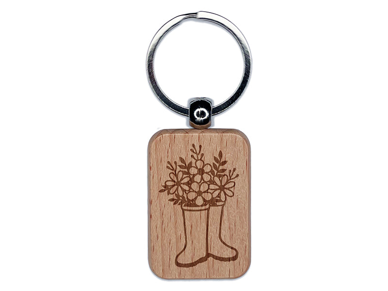 Rain Boots with Flowers Engraved Wood Rectangle Keychain Tag Charm