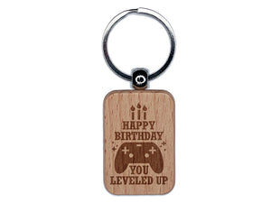 Happy Birthday You Leveled Up Gamer Controller Engraved Wood Rectangle Keychain Tag Charm