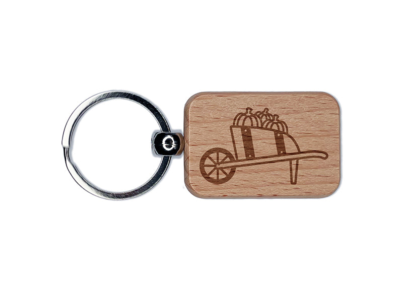 Fall Pumpkin Wheelbarrow Engraved Wood Rectangle Keychain Tag Charm
