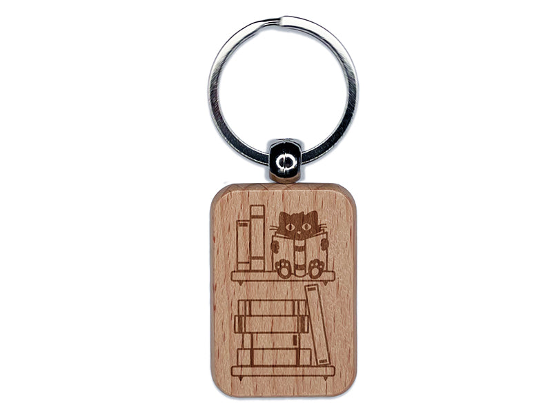 Book Tracker Cat on Shelf Engraved Wood Rectangle Keychain Tag Charm