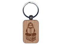 Sloth Reading on Book Stack Engraved Wood Rectangle Keychain Tag Charm