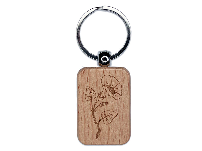 Hand Drawn Morning Glory Flower Engraved Wood Rectangle Keychain Tag Charm