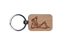 Funny Skeleton in Seductive Recline Pose Engraved Wood Rectangle Keychain Tag Charm