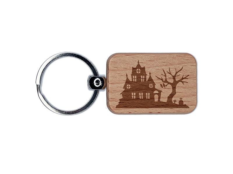 Spooky Haunted House Halloween Grave Stones Engraved Wood Rectangle Keychain Tag Charm