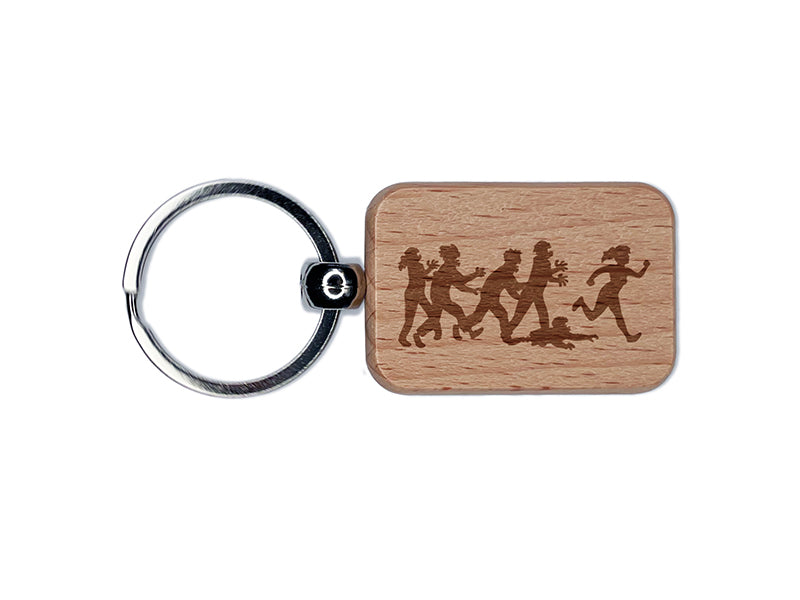 Undead Zombies Monsters Chasing Woman Engraved Wood Rectangle Keychain Tag Charm