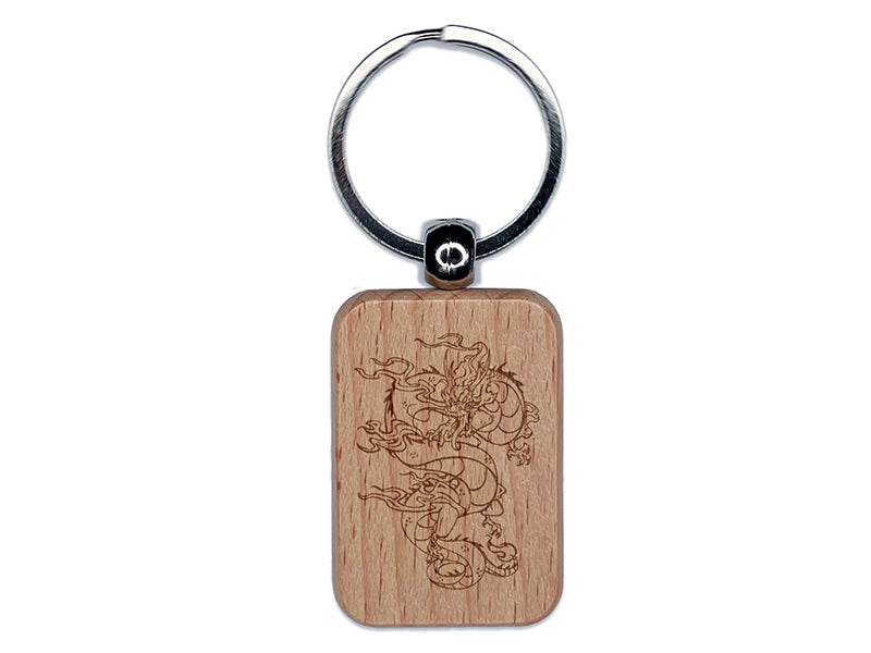 Chinese Japanese Dragon Clouds Serpent Engraved Wood Rectangle Keychain Tag Charm
