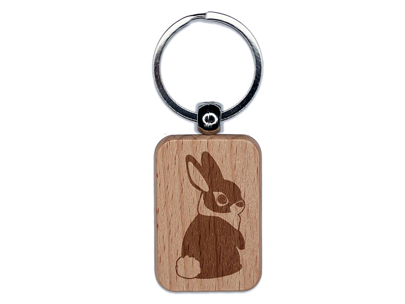 Curious Standing Bunny Rabbit Engraved Wood Rectangle Keychain Tag Charm