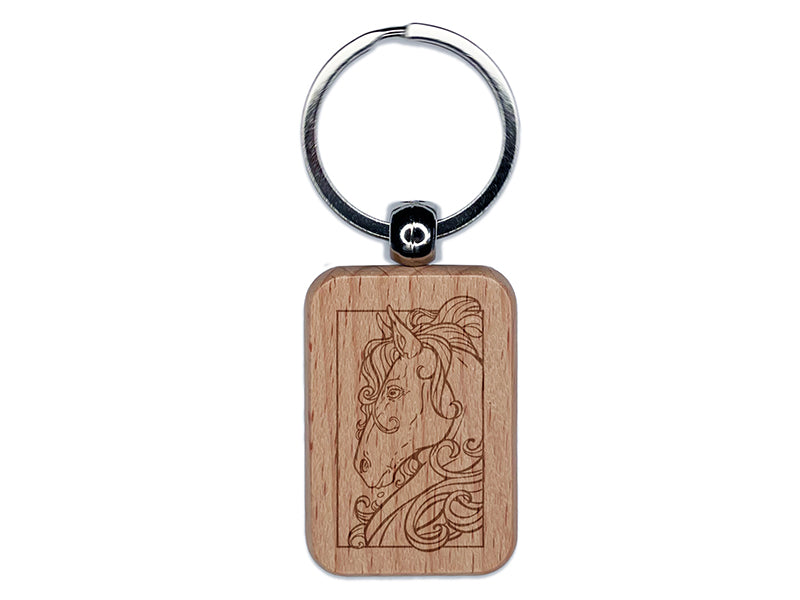 Elegant Horse Portrait Engraved Wood Rectangle Keychain Tag Charm