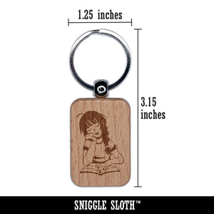 Girl Daydreaming with Book Reading Engraved Wood Rectangle Keychain Tag Charm