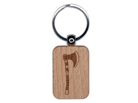 Norse Viking Battle Axe Engraved Wood Rectangle Keychain Tag Charm