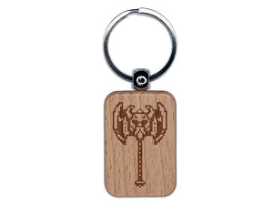 Pixel Dwarven Battle Axe RPG Weapon Engraved Wood Rectangle Keychain Tag Charm