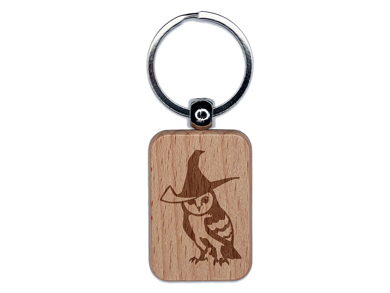 Wise Barn Owl with Witch Hat Engraved Wood Rectangle Keychain Tag Charm