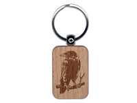 Wise Black Raven Crow Perched on Branch Engraved Wood Rectangle Keychain Tag Charm