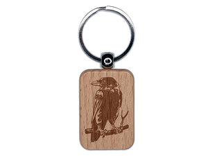 Wise Black Raven Crow Perched on Branch Engraved Wood Rectangle Keychain Tag Charm