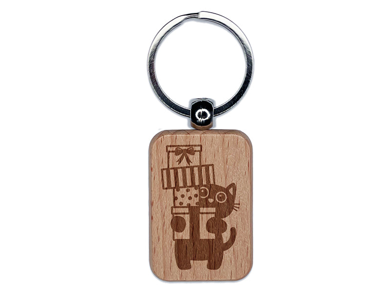 Cat Holding Stack of Presents Birthday Christmas Engraved Wood Rectangle Keychain Tag Charm