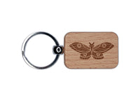 Geometric Moth Butterfly Engraved Wood Rectangle Keychain Tag Charm
