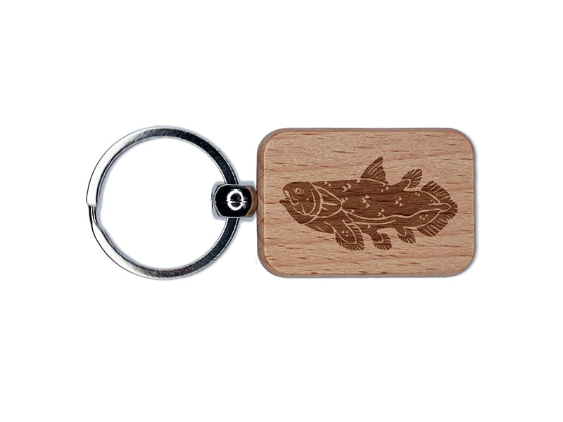 Coelacanth Prehistoric Fish Living Fossil Engraved Wood Rectangle Keychain Tag Charm