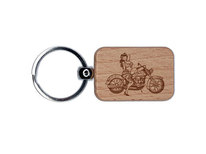 Pinup Woman Biker on Motorcycle Engraved Wood Rectangle Keychain Tag Charm