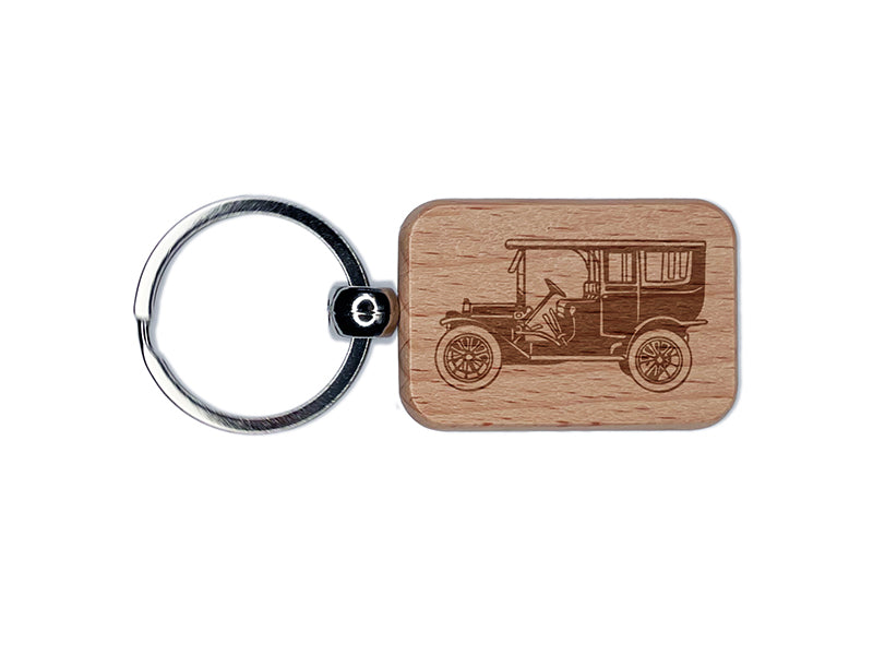 Vintage Old Timey Car Vehicle Engraved Wood Rectangle Keychain Tag Charm