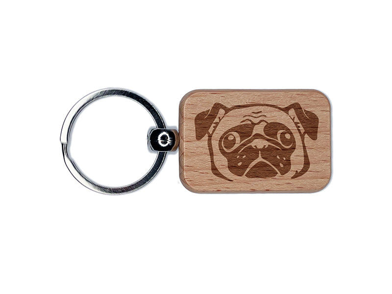 Wide Eyed Pug Dog Face Engraved Wood Rectangle Keychain Tag Charm