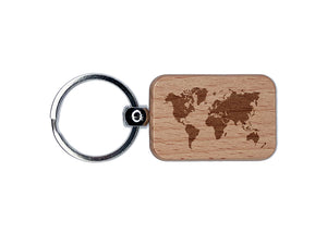 World Map Travel Engraved Wood Rectangle Keychain Tag Charm