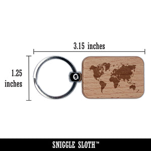 World Map Travel Engraved Wood Rectangle Keychain Tag Charm