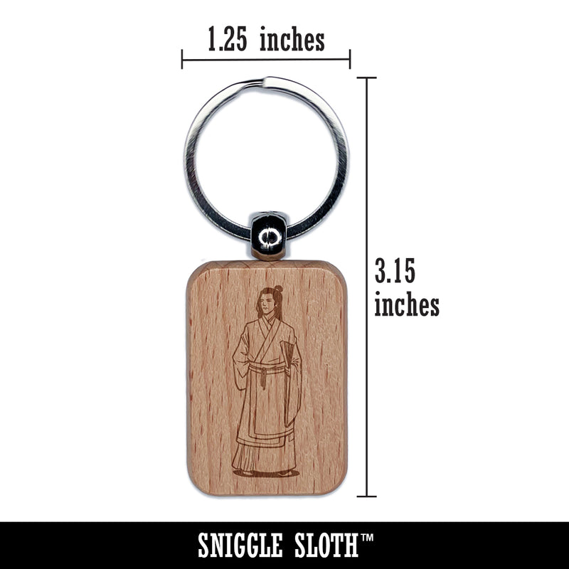Ancient Chinese Scholar Hanfu Engraved Wood Rectangle Keychain Tag Charm